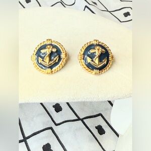 Vintage Gold Tone Nautical Anchor Earrings Blue Enamel Rope Border Pierced